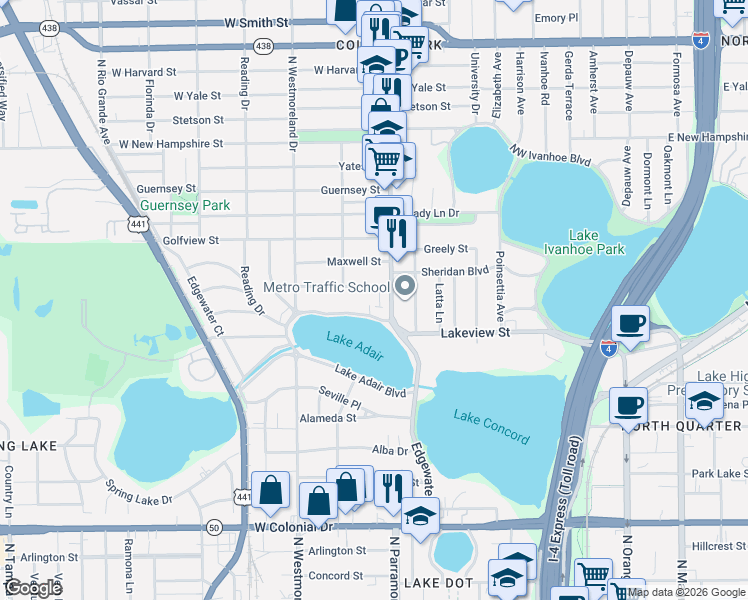 map of restaurants, bars, coffee shops, grocery stores, and more near 1142 Adair Park Place in Orlando
