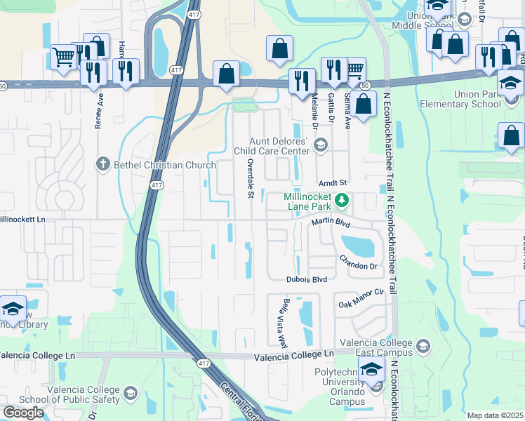 map of restaurants, bars, coffee shops, grocery stores, and more near 1210 Holly Springs Circle in Orlando