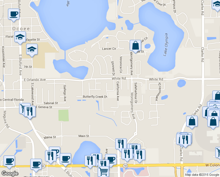 map of restaurants, bars, coffee shops, grocery stores, and more near 619 Shoal Creek Drive in Ocoee
