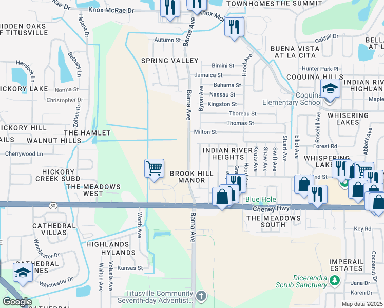 map of restaurants, bars, coffee shops, grocery stores, and more near 4437 Barna Avenue in Titusville