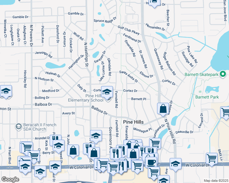map of restaurants, bars, coffee shops, grocery stores, and more near 1104 Ferndell Road in Orlando