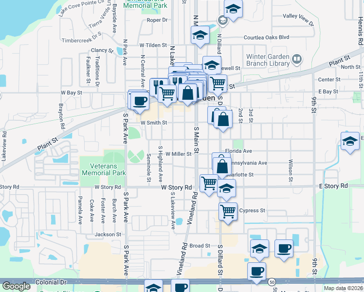 map of restaurants, bars, coffee shops, grocery stores, and more near 314 South Boyd Street in Winter Garden