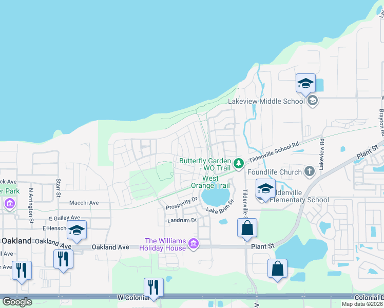 map of restaurants, bars, coffee shops, grocery stores, and more near 1022 Huntspoint Street in Winter Garden
