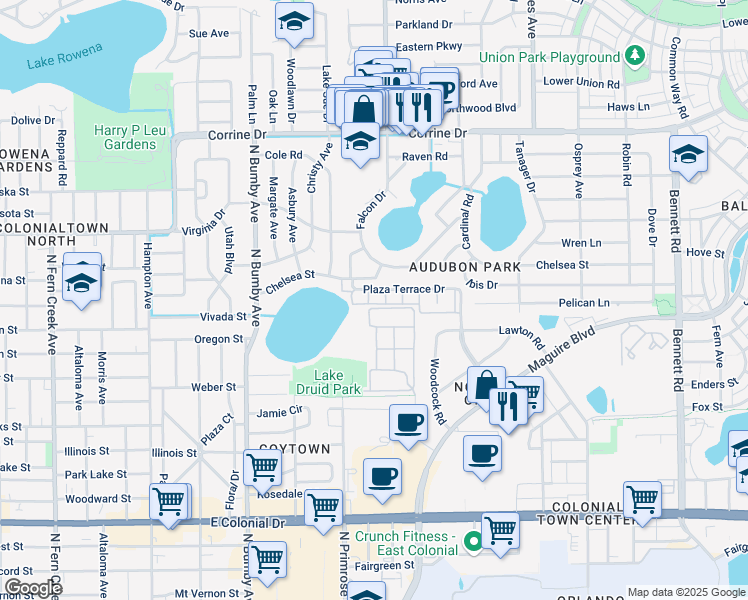 map of restaurants, bars, coffee shops, grocery stores, and more near 2882 Plaza Terrace Drive in Orlando