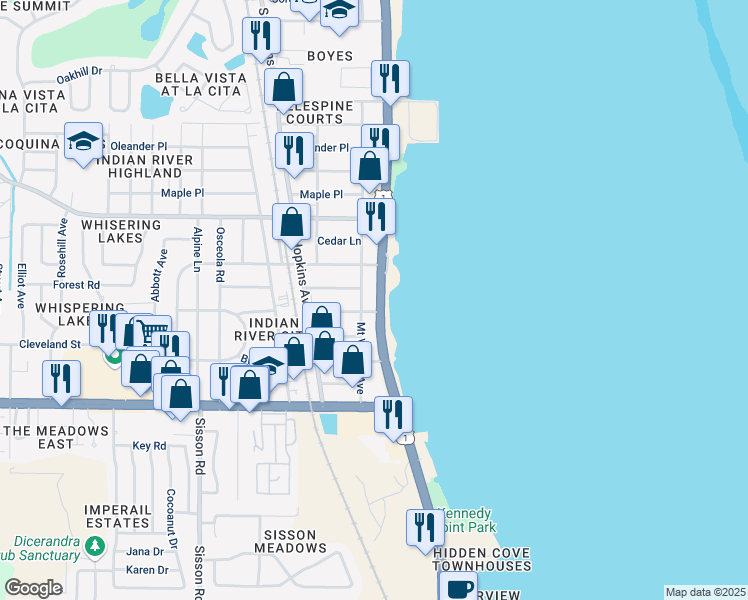 map of restaurants, bars, coffee shops, grocery stores, and more near 4360 South Washington Avenue in Titusville