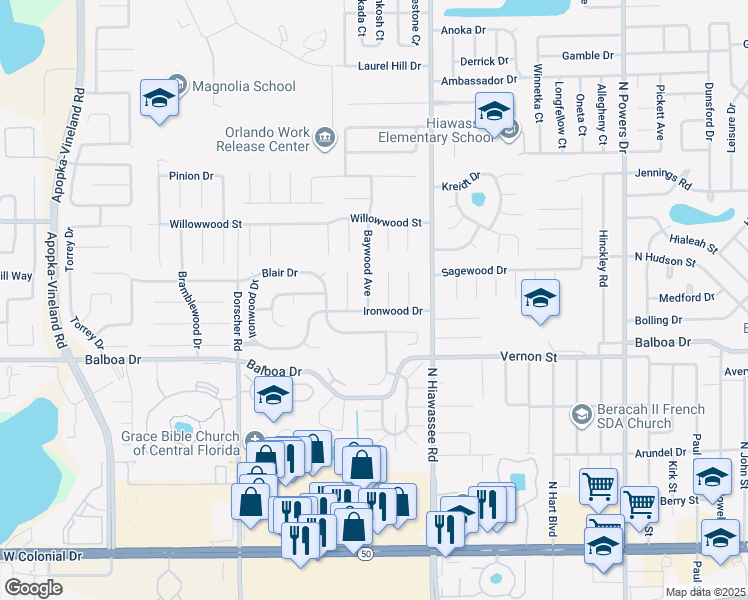 map of restaurants, bars, coffee shops, grocery stores, and more near 1793 Baywood Avenue in Orlando