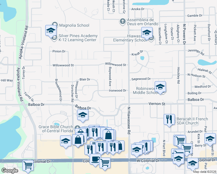 map of restaurants, bars, coffee shops, grocery stores, and more near 1793 Baywood Avenue in Orlando