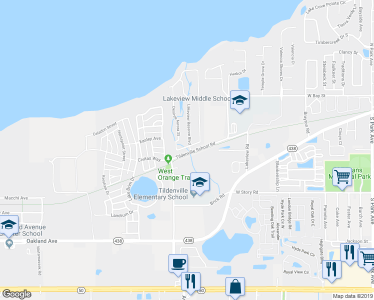 map of restaurants, bars, coffee shops, grocery stores, and more near 6 Desiree Aurora Street in Winter Garden