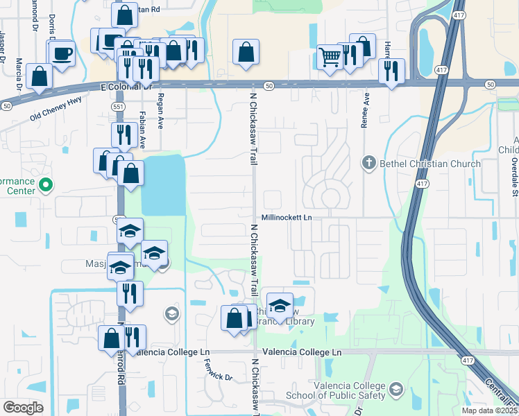 map of restaurants, bars, coffee shops, grocery stores, and more near 8125 Golden Chickasaw Circle in Orlando