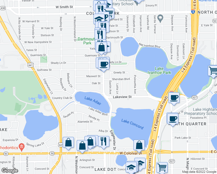 map of restaurants, bars, coffee shops, grocery stores, and more near 1210 Eastin Avenue in Orlando