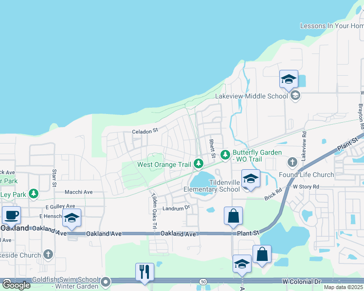 map of restaurants, bars, coffee shops, grocery stores, and more near 1022 Huntspoint Street in Winter Garden