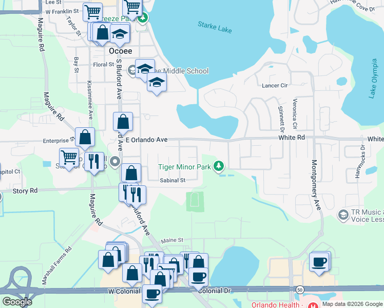 map of restaurants, bars, coffee shops, grocery stores, and more near 321 Pacheco Court in Ocoee