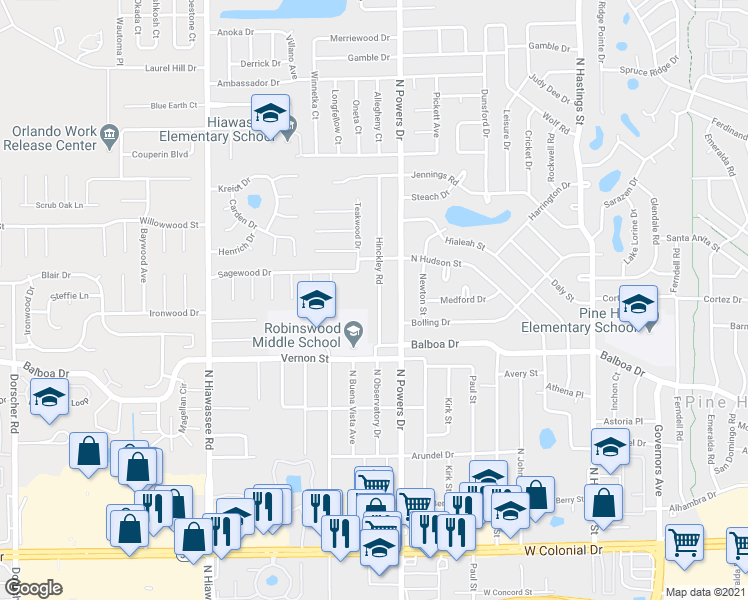 map of restaurants, bars, coffee shops, grocery stores, and more near 1626 Hinckley Road in Orlando
