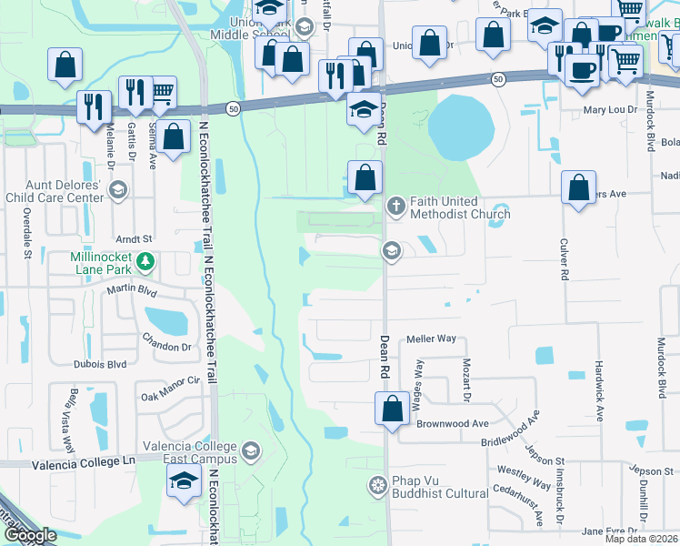 map of restaurants, bars, coffee shops, grocery stores, and more near 1148 Dean Road in Orlando