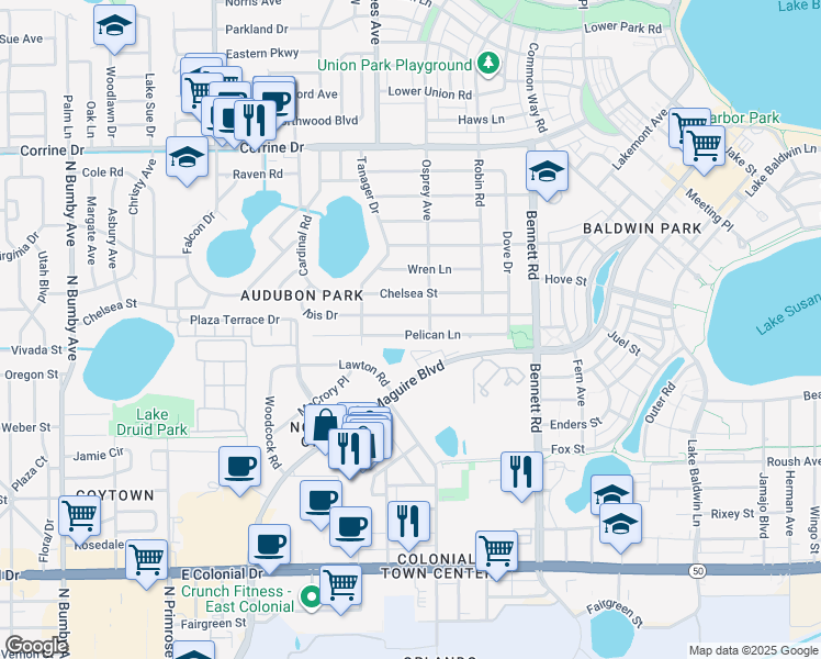 map of restaurants, bars, coffee shops, grocery stores, and more near 3701 Pelican Lane in Orlando