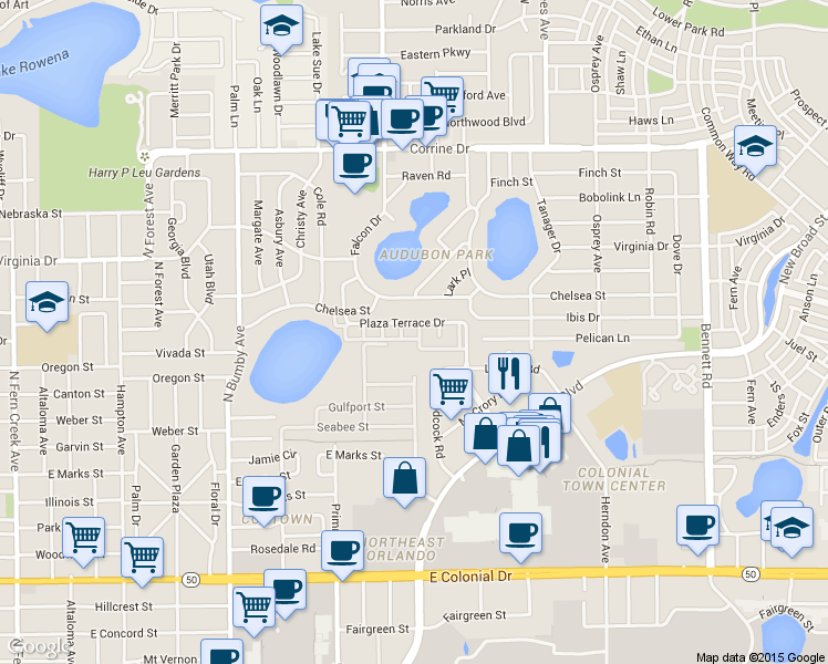 map of restaurants, bars, coffee shops, grocery stores, and more near 2992 Plaza Terrace Drive in Orlando