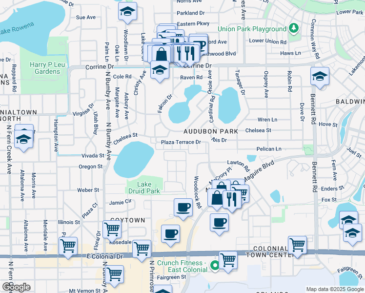 map of restaurants, bars, coffee shops, grocery stores, and more near 2992 Plaza Terrace Drive in Orlando