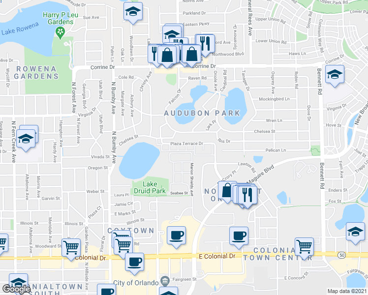 map of restaurants, bars, coffee shops, grocery stores, and more near 2992 Plaza Terrace Drive in Orlando