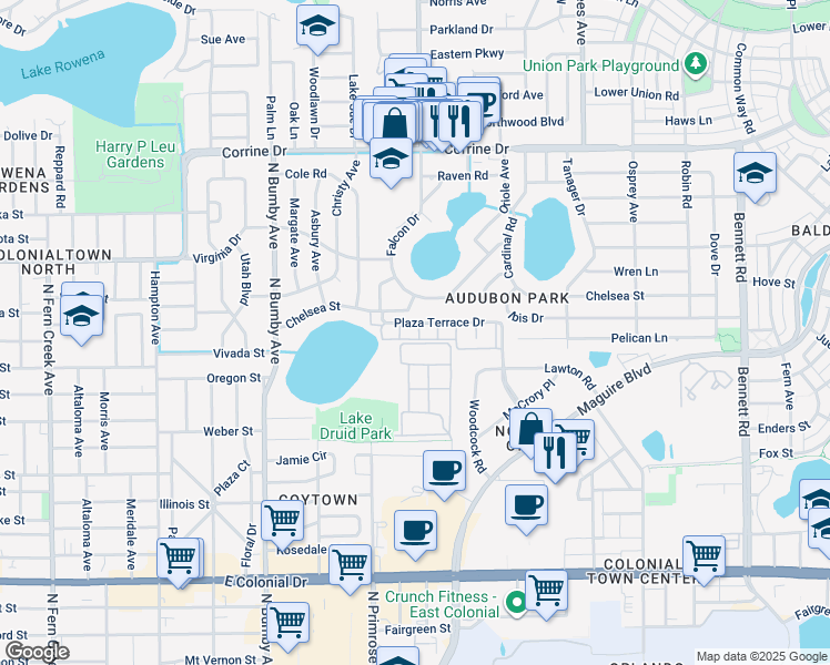 map of restaurants, bars, coffee shops, grocery stores, and more near 2882 Plaza Terrace Drive in Orlando