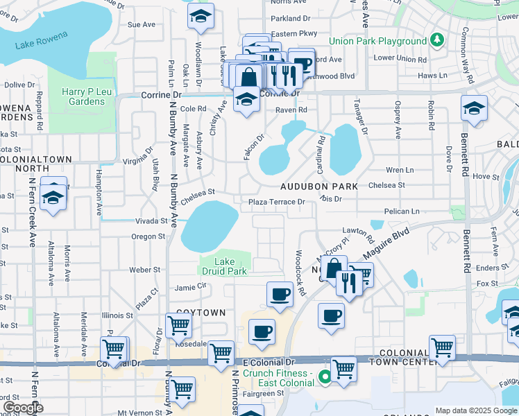 map of restaurants, bars, coffee shops, grocery stores, and more near 2882 Plaza Terrace Drive in Orlando