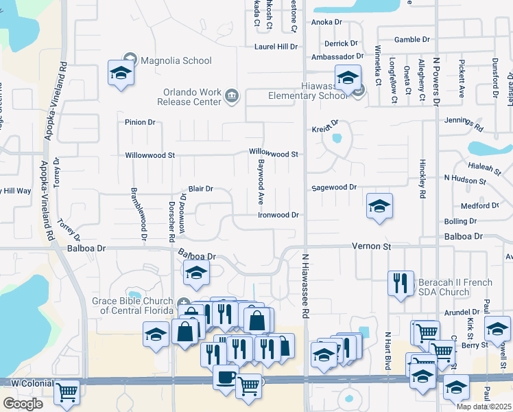 map of restaurants, bars, coffee shops, grocery stores, and more near 1793 Baywood Avenue in Orlando