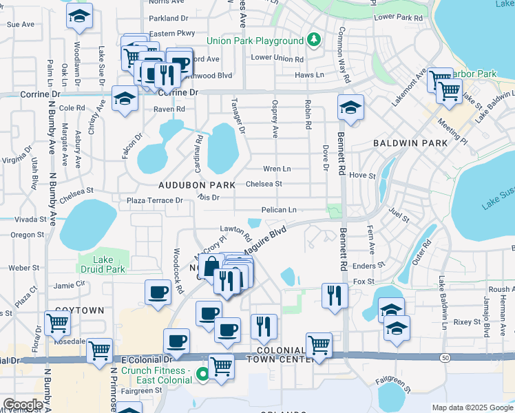 map of restaurants, bars, coffee shops, grocery stores, and more near 3701 Pelican Lane in Orlando