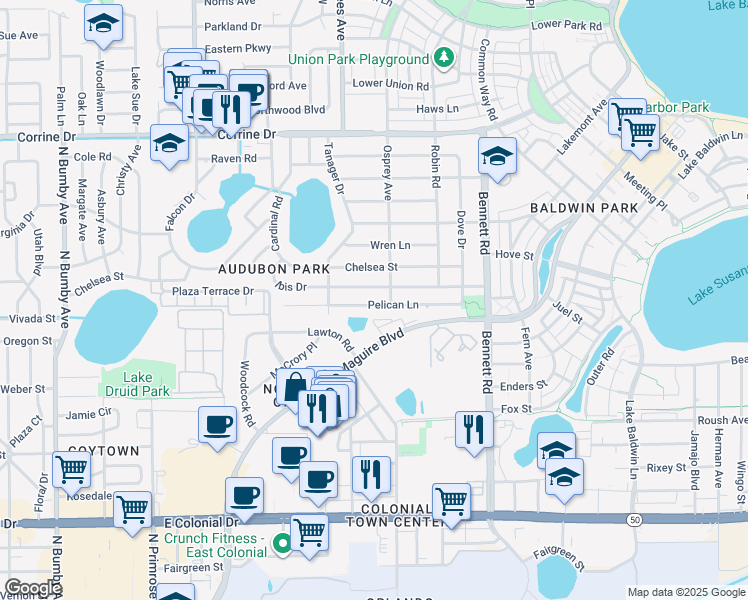 map of restaurants, bars, coffee shops, grocery stores, and more near 3701 Pelican Lane in Orlando