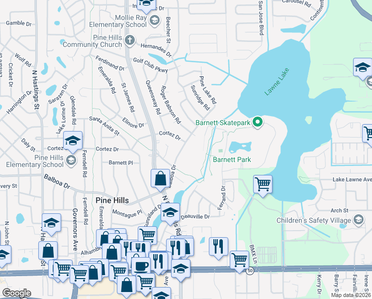 map of restaurants, bars, coffee shops, grocery stores, and more near 4804 Balboa Dr in Orlando