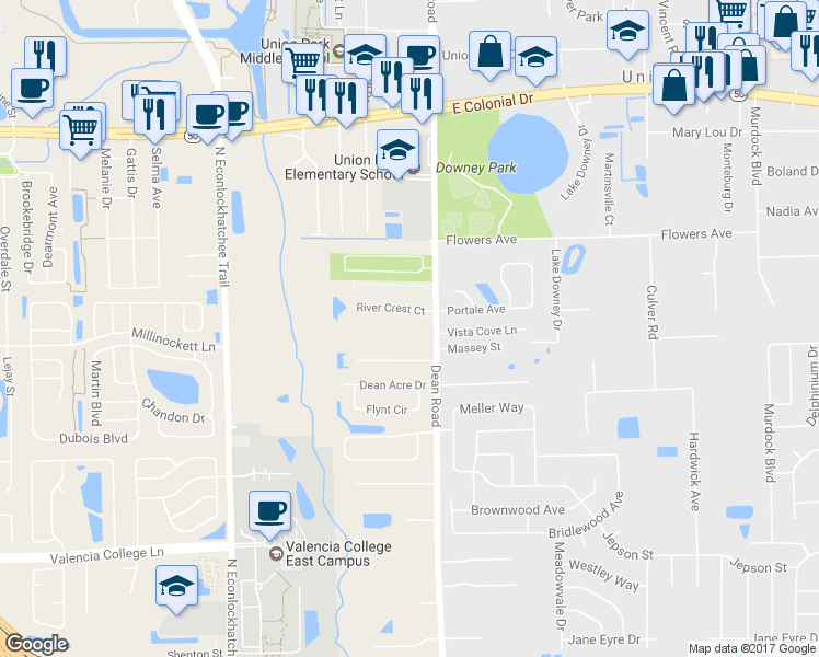 map of restaurants, bars, coffee shops, grocery stores, and more near 1156 North Dean Road in Orlando