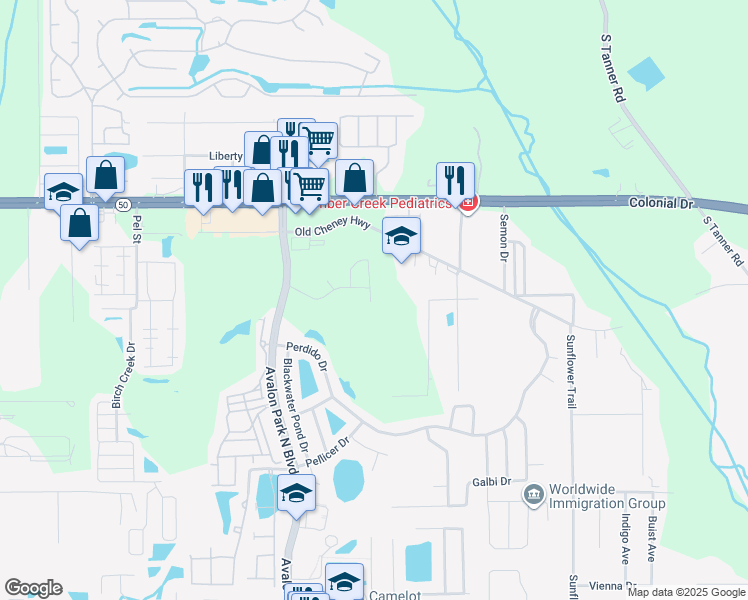 map of restaurants, bars, coffee shops, grocery stores, and more near 1745 Lalique Lane in Orlando