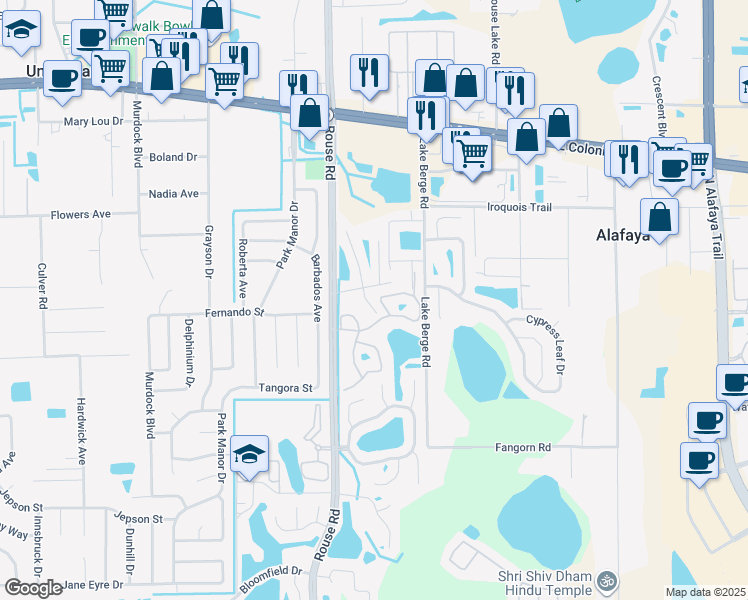 map of restaurants, bars, coffee shops, grocery stores, and more near 11250 Point Sylvan Circle in Orlando