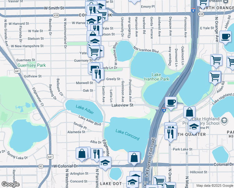 map of restaurants, bars, coffee shops, grocery stores, and more near 1206 Edwards Lane in Orlando