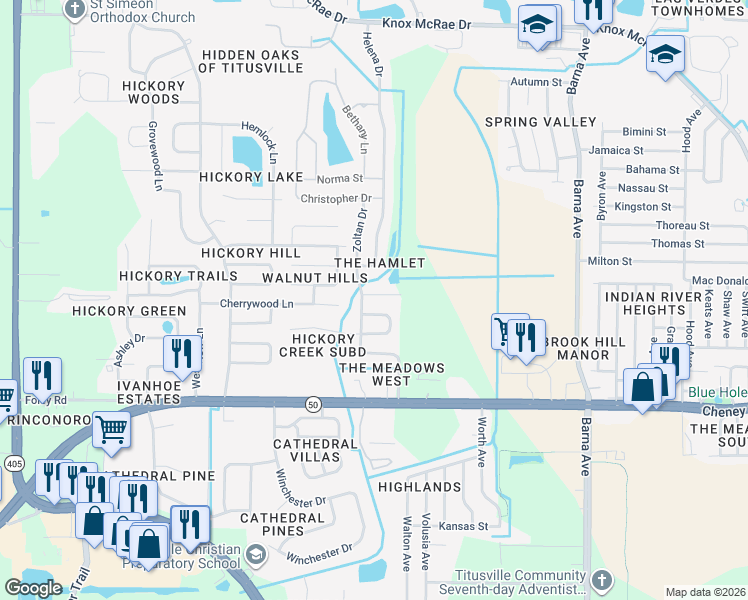 map of restaurants, bars, coffee shops, grocery stores, and more near 2501 Dorothy Circle in Titusville