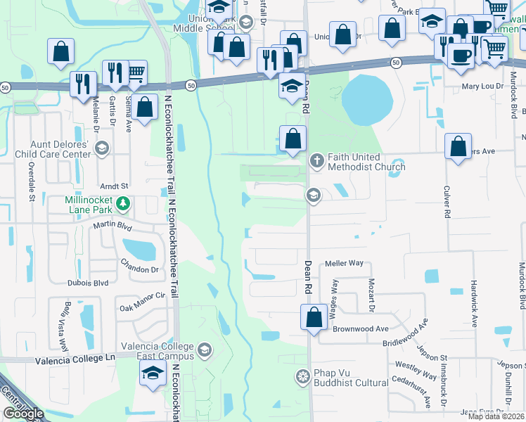 map of restaurants, bars, coffee shops, grocery stores, and more near 1148 Dean Road in Orlando