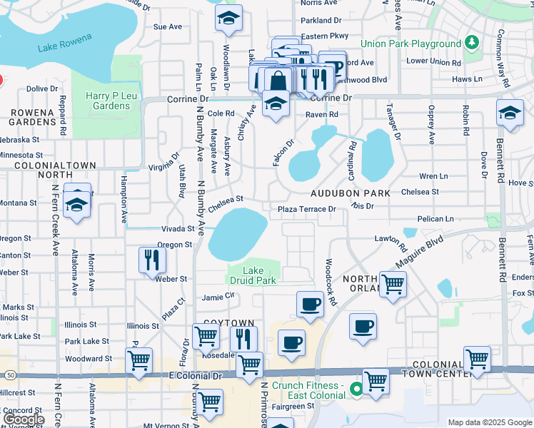 map of restaurants, bars, coffee shops, grocery stores, and more near 2828 Plaza Terrace Drive in Orlando