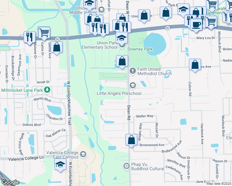 map of restaurants, bars, coffee shops, grocery stores, and more near 1152 North Dean Road in Orlando