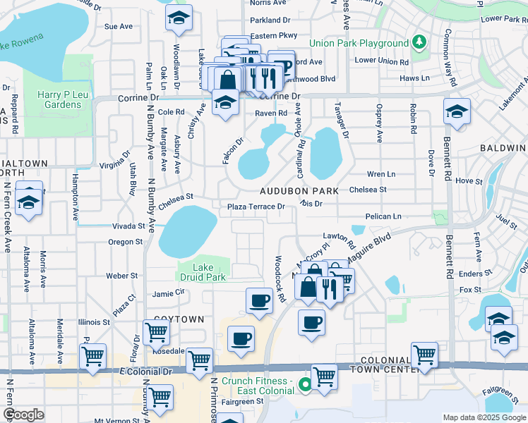 map of restaurants, bars, coffee shops, grocery stores, and more near 2992 Plaza Terrace Drive in Orlando