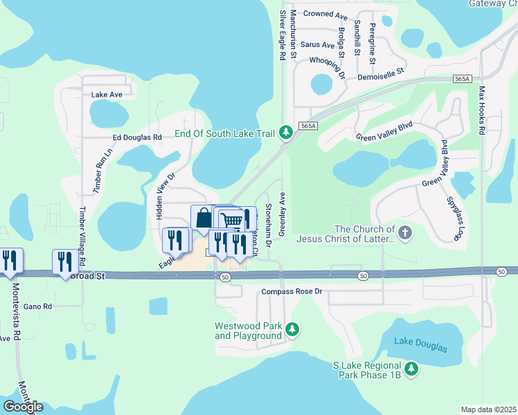 map of restaurants, bars, coffee shops, grocery stores, and more near 1185 Singleton Circle in Groveland