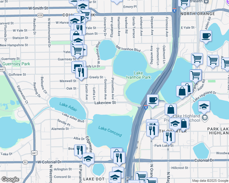 map of restaurants, bars, coffee shops, grocery stores, and more near 315 Desoto Circle in Orlando