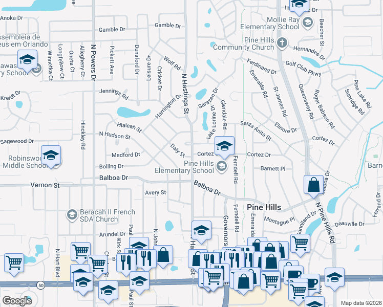 map of restaurants, bars, coffee shops, grocery stores, and more near 1503 Daly Street in Pine Hills