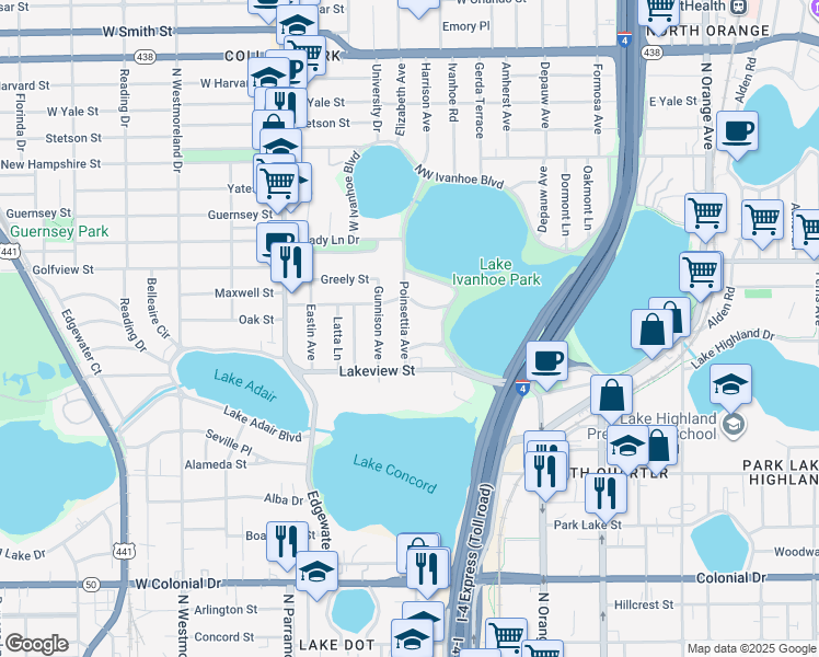map of restaurants, bars, coffee shops, grocery stores, and more near 315 Desoto Circle in Orlando