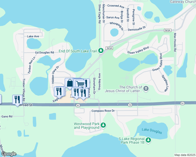 map of restaurants, bars, coffee shops, grocery stores, and more near 1175 Stoneham Drive in Groveland