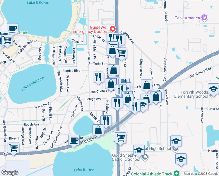 map of restaurants, bars, coffee shops, grocery stores, and more near 1205 Moselle Avenue in Orlando