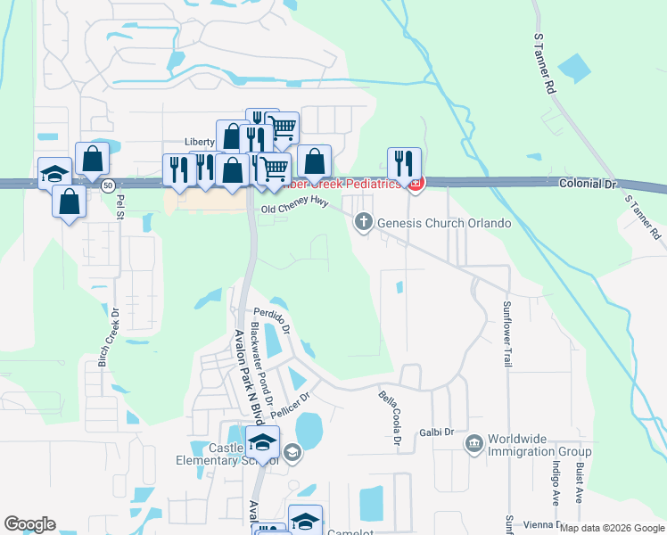 map of restaurants, bars, coffee shops, grocery stores, and more near 1745 Lalique Lane in Orlando