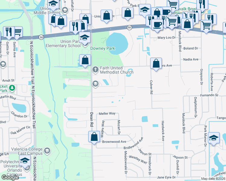 map of restaurants, bars, coffee shops, grocery stores, and more near 10213 Vista Cove Lane in Orlando