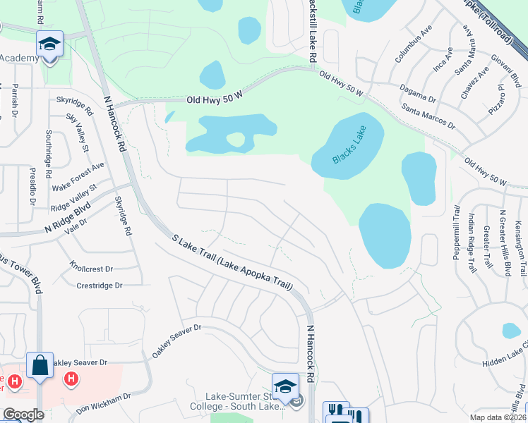 map of restaurants, bars, coffee shops, grocery stores, and more near 892 Wolf Creek Street in Clermont