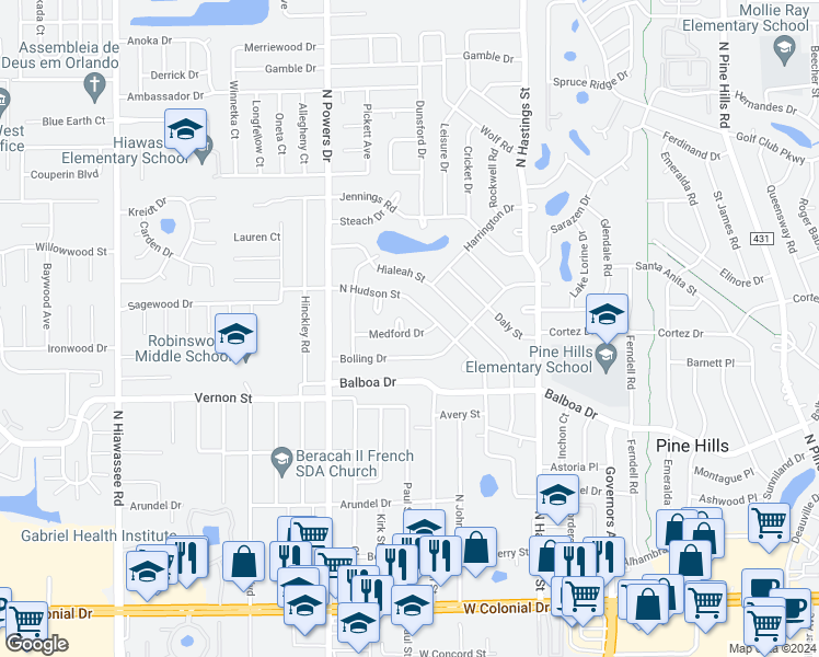 map of restaurants, bars, coffee shops, grocery stores, and more near 6107 Medford Drive in Pine Hills