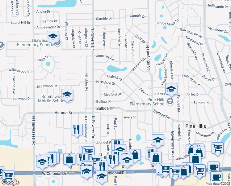 map of restaurants, bars, coffee shops, grocery stores, and more near 6107 Medford Court in Orlando
