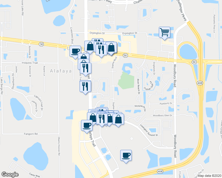 map of restaurants, bars, coffee shops, grocery stores, and more near 1256 Sophie Boulevard in Orlando