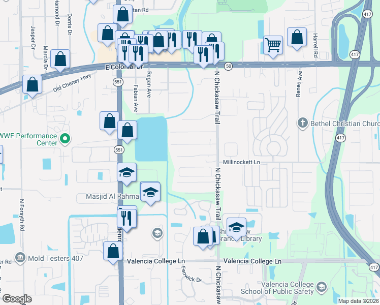 map of restaurants, bars, coffee shops, grocery stores, and more near 7839 Antibes Court in Orlando